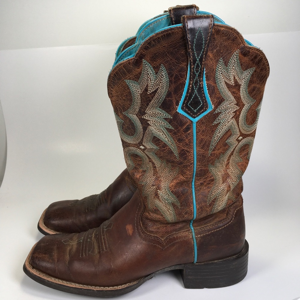 Ariat Brown Leather Western Boots with Turquoise Stitching - Picture 4 of 8